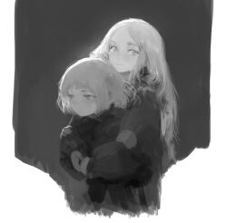 Rule 34 | 2girls, black background, child, closed mouth, coat, greyscale, highres, hug, hug from behind, long hair, long sleeves, looking at viewer, monochrome, multiple girls, nanbo ataru (attall), original, photoshop (medium), short hair, sketch, smile, upper body