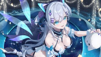 1girl absurdres animal_ear_hairband animal_ears armband bare_shoulders black_collar black_hairband blue_eyes blue_nails blue_wings breasts cat_ears cleavage collar commentary commission detached_collar detached_wings erro fake_animal_ears frilled_armband frilled_collar frills gradient_wings grey_hair hair_ornament hairband halterneck headset high_heels highres indie_virtual_youtuber large_breasts long_hair multicolored_wings open_mouth revealing_clothes roena shoes skeb_commission solo virtual_youtuber white_armband white_shoes wings