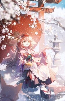 1girl absurdres animal_ears apron arknights blonde_hair chinese_commentary coin_purse commentary_request flower fox fox_ears fox_girl fox_tail frilled_apron frills hairband hakama highres japanese_clothes kimono kitsune kyuubi long_hair multiple_tails official_alternate_costume oil-paper_umbrella okobo open_mouth pink_kimono pinwheel platform_sandals red_hairband red_umbrella sandals seven60755660 sitting skirt socks solo suzuran_(arknights) suzuran_(yukibare)_(arknights) tail umbrella white_apron white_socks