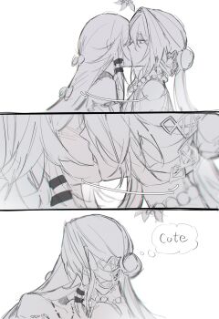 1nuyaki 2girls absurdres commentary english_commentary english_text french_kiss greyscale herta_(honkai:_star_rail) highres honkai:_star_rail honkai_(series) kiss long_hair mistletoe monochrome multiple_girls ruan_mei_(honkai:_star_rail) speech_bubble the_herta_(honkai:_star_rail) thought_bubble yuri