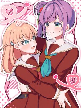 Rule 34 | 2girls, :d, aqua eyes, aqua neckerchief, bourei (lvle aqhs), brown dress, cerise bouquet, commentary, dress, flower, green eyes, hair bun, hair flower, hair intakes, hair ornament, hasu no sora school uniform, headpat, heart, heart of string, highres, hinoshita kaho, link! like! love live!, long sleeves, love live!, multiple girls, neckerchief, open mouth, orange hair, otomune kozue, pink background, pleated dress, purple hair, rabbit hair ornament, red flower, red neckerchief, sailor collar, sailor dress, school uniform, side ponytail, sidelocks, single side bun, smile, tassel, tassel hair ornament, twitter username, two side up, virtual youtuber, white sailor collar, winter uniform