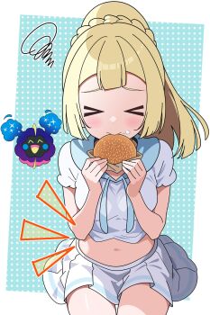 &gt;_&lt; 1girl blonde_hair blunt_bangs braid breasts burger closed_eyes closed_mouth cosmog cropped_shirt food food_on_face gen_7_pokemon highres holding holding_burger holding_food legendary_pokemon lillie_(pokemon) nintendo odorukaminoke pokemon pokemon_(creature) pokemon_sm ponytail ponytail_with_braided_base shirt short_sleeves skirt spoken_squiggle squiggle white_shirt white_skirt