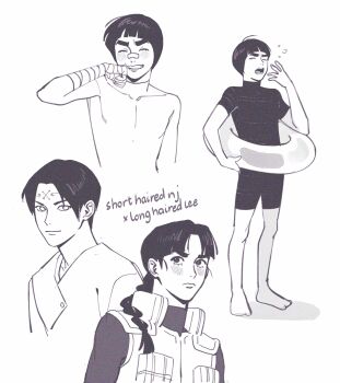 2boys alternate_hair_length alternate_hairstyle barefoot blush bodysuit braid braided_ponytail commentary diving_suit english_commentary english_text flak_jacket forehead_tattoo frown greyscale grin hair_over_shoulder hand_wraps highres hyuuga_neji il1023il innertube jacket long_hair male_focus monochrome multiple_boys naruto_(series) naruto_shippuuden rock_lee single_braid smile squeans swim_ring tattoo turtleneck wetsuit yawning