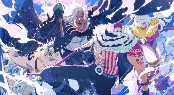 Rule 34 | 1girl, 6+boys, abs, arm tattoo, black wings, blonde hair, boots, bracelet, brother and sister, charlotte cracker, charlotte katakuri, charlotte smoothie, cigar, commentary, facial hair, gloves, goatee, hair over one eye, hat, highres, holding, holding weapon, jack (one piece), jewelry, king (one piece), leather, leather pants, leg tattoo, leotard, multiple boys, ninnnnnnnjin, one piece, pants, purple hair, queen (one piece), scar, scar on chest, shirt, siblings, spiked bracelet, spikes, sweatdrop, tattoo, twitter username, vest, weapon, white hair, white shirt, wings