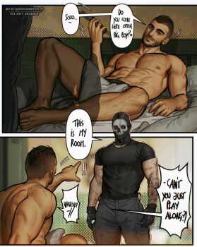 2boys abs arm_tattoo bara bed belt black_belt black_pants black_shirt call_of_duty call_of_duty:_modern_warfare_2 english_text ghost_(modern_warfare_2) highres large_pectorals looking_at_another lying male_focus mask multiple_boys muscular muscular_male navel nipples on_back on_bed pants pectorals pillow pointing shirt skull_mask smile soap_(modern_warfare_2) speech_bubble tattoo twitter_username umikochannart yaoi