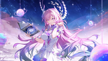 1girl absurdres as_i&#039;ve_written_(honkai:_star_rail) book breasts chinese_commentary commentary_request cowboy_shot cyrene_(honkai:_star_rail) cyrene_(ripples_of_past_reverie)_(honkai:_star_rail) dress flower gradient_hair hair_flower hair_ornament hand_up highres holding holding_book honkai:_star_rail honkai_(series) large_breasts long_hair looking_at_viewer multicolored_hair parted_lips pink_hair planet purple_eyes purple_flower purple_rose rose smile solo tongyu very_long_hair white_dress