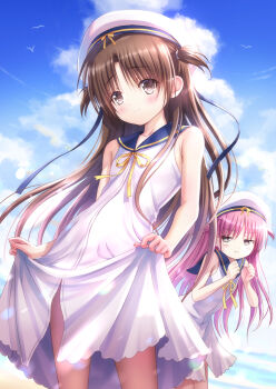 1boy 1girl :t armpit_crease bird blue_sailor_collar blue_sky blush blush_stickers brown_eyes brown_hair clenched_hands closed_mouth cloud commentary_request commission company_connection cosplay cowboy_shot crossover cumulonimbus_cloud day dress eyes_visible_through_hair floating_hair goto_p grey_eyes hair_between_eyes hands_up hat highres jitome katou_umi katou_umi_(cosplay) key_(company) little_busters! long_hair looking_at_another looking_at_viewer male_focus naoe_riki outdoors peeking_out pink_hair pout ribbon sailor_collar sailor_dress sailor_hat school_uniform seagull skeb_commission skirt_hold sky sleeveless sleeveless_dress summer_pockets tracen_school_uniform trap two_side_up v-shaped_eyebrows very_long_hair white_dress white_hat yellow_ribbon