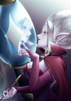 breasts bridal_gauntlets cape cleavage colored_skin dr._arinsu dragon_ball dragon_ball_daima dress elbow_gloves fingerless_gloves gloves gold_choker grey_eyes grey_hair highres large_breasts looking_at_reflection nail_polish owo8090 pink_skin pointy_ears purple_dress purple_gloves purple_lips purple_nails red_cape reflection signature twitter_username upper_body