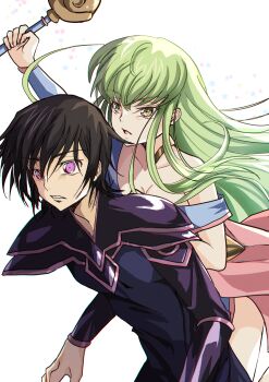 absurdres arm_up armor bare_shoulders black_hair blue_dress breast_press breasts budgiepon c.c. carrying cleavage code_geass collarbone commentary cosplay cowboy_shot dark_magician dark_magician_(cosplay) dark_magician_girl dark_magician_girl_(cosplay) dress floating_hair green_hair hair_between_eyes hetero highres leaning_forward lelouch_vi_britannia light_blush long_hair looking_ahead medium_breasts off-shoulder_dress off_shoulder open_mouth parted_lips piggyback purple_eyes short_hair shoulder_armor sidelocks simple_background star_(symbol) very_long_hair white_background wide-eyed yellow_eyes yu-gi-oh!