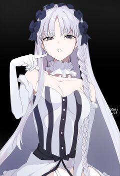 Rule 34 | 1girl, absurdres, bare shoulders, black bow, black eyes, bow, braid, breasts, cleavage, collar, colored inner hair, commentary request, detached sleeves, dress, fate/strange fake, fate (series), francesca prelati (fate), frilled collar, frills, garter straps, grey hair, hair bow, highres, huanzhe coco, long hair, looking at viewer, medium breasts, multicolored hair, open mouth, panties, parted bangs, pointing, pointing at self, ringed eyes, sidelocks, solo, striped clothes, striped dress, thighhighs, underwear, very long hair, white dress, white hair, white panties, white thighhighs
