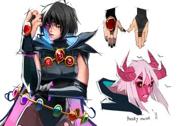 Rule 34 | 1girl, absurdres, black leotard, cape, cloak, colored skin, dc comics, forehead jewel, grey skin, highres, leotard, multicolored eyes, pink skin, purple cape, purple cloak, purple lips, raph mavrost, raven (dc), solo, superhero costume, teen titans, transformation, two-tone eyes