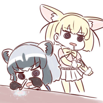 10s 2girls @_@ animal_ears batta_(ijigen_debris) black_eyes blonde_hair commentary_request common_raccoon_(kemono_friends) drooling drugs fennec_(kemono_friends) fox_ears gloves grey_hair injection kemono_friends multiple_girls neck_ribbon open_mouth parted_lips pink_shirt pleated_skirt raccoon_ears ribbon ringed_eyes shirt short_hair simple_background skirt snorting standing syringe white_background yellow_ribbon