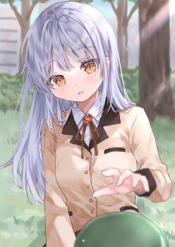 Rule 34 | 1girl, absurdres, angel beats!, blurry, blush, brown ribbon, collared shirt, commentary request, d:, day, depth of field, eyes visible through hair, grass, hair between eyes, hair over shoulder, hand up, heaven burns red, highres, jacket, key (company), long hair, long sleeves, looking at object, narvy (heaven burns red), neck ribbon, open mouth, orange eyes, outdoors, reaching, ribbon, school uniform, shirt, sidelocks, solo, straight hair, tachibana kanade, tsumugi-t, upper body, white hair, white shirt, yellow jacket