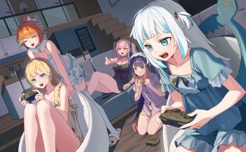 5girls :d absurdres alternate_costume aqua_hair bare_arms bare_legs bare_shoulders black_choker black_eyes black_hair black_nightgown black_scrunchie blonde_hair blue_eyes blue_hair blue_nightgown blue_scrunchie blue_streaks blunt_bangs breasts can center-flap_bangs chemise chocolate_chip_cookie choker cleavage closed_eyes collarbone commentary controller cookie couch english_commentary fins fish_tail flat_chest food game_controller gawr_gura gradient_hair green_streaks grey_eyes grey_hair hair_bun hair_ornament hair_scrunchie hanho highres holding holding_controller holding_cookie holding_food holding_game_controller hololive hololive_english holomyth indoors large_breasts long_hair medium_hair mole mole_under_eye mori_calliope mori_calliope_(sleepwear) multicolored_hair multiple_girls nightgown ninomae_ina'nis official_alternate_costume official_alternate_hairstyle on_couch on_floor open_mouth orange_hair pajamas pink_hair pointing pointy_ears purple_pajamas red_eyes scrunchie shark_girl shark_tail sharp_teeth short_hair shorts sidelocks single_hair_bun sitting sleepover sleepwear slippers smile standing streaked_hair tail takanashi_kiara takanashi_kiara_(cozy) teeth tentacle_hair thighhighs twintails two-tone_hair two_side_up very_long_hair virtual_youtuber watson_amelia white_chemise white_hair white_shorts white_thighhighs wireless_game_controller yellow_nightgown