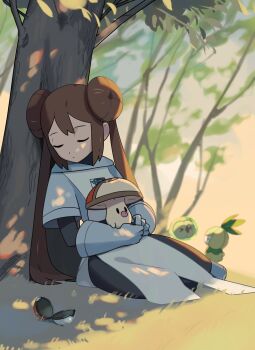 1girl absurdres brown_hair closed_eyes commentary_request day donut_hair_bun foongus gen_5_pokemon grass hair_bun highres himurohiromu holding holding_pokemon long_hair nintendo on_grass open_poke_ball outdoors petilil pokemon pokemon_(creature) pokemon_bw pokemon_bw2 rosa_(pokemon) shade sitting sleeping sleeping_upright solosis team_plasma_uniform tree twintails under_tree yokozuwari