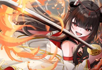 1girl azur_lane bare_shoulders brown_hair commentary_request fangs fire from_side hatsuzuki_(azur_lane) highres holding holding_sword holding_weapon horn_ornament horns japanese_clothes katana kimono long_hair looking_at_viewer multicolored_hair open_mouth red_eyes red_hair signature solo sword two-tone_hair very_long_hair weapon white_horns white_kimono yokiya841