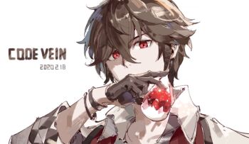 1boy black_gloves black_hair bracelet code_vein dated gloves hair_between_eyes half_gloves holding jewelry loladestiny male_focus red_eyes simple_background sleeves_rolled_up solo white_background
