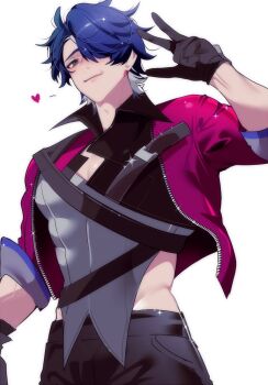 1boy arm_up asymmetrical_clothes belt black_belt black_gloves black_pants blue_eyes blue_hair chariko chest_belt closed_mouth collared_shirt dark_blue_hair gloves hair_over_one_eye heart high_collar highres hip_bones honkai:_star_rail honkai_(series) jacket looking_at_viewer male_focus multicolored_hair one_eye_covered open_clothes open_jacket pants red_jacket sampo_koski shirt simple_background sleeve_cuffs smile solo sparkle unzipped v white_background white_hair zipper