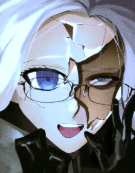 Rule 34 | 1boy, aotsuki eito, black gloves, blue eyes, cracked kawaii mask, cracked mask, eyelashes, glasses, gloves, hashtag-only commentary, male focus, mask, oncein a moon, open mouth, parted hair, portrait, rolling eyes, sanpaku, short hair, smile, solo, teeth, the hundred line -last defense academy-, tongue, upper teeth only, white hair