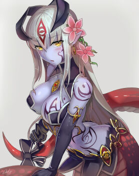 1girl alipheese_fateburn_xvi ass blush bow breast_tattoo breasts butt_crack cleavage colored_skin earrings elbow_gloves eye_tattoo female_focus flower gloves grey_hair hair_flower hair_ornament horns jewelry lamia large_breasts long_hair looking_at_viewer lots_of_jewelry mon-musu_quest! monster_girl plant pointy_ears purple_skin ribbon shiny_skin sidelocks signature smile solo tail tail_bow tail_ornament tail_ribbon tattoo vines walzrj yellow_eyes