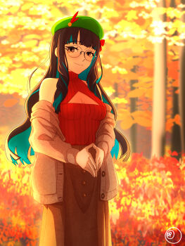 1girl absurdres autumn bare_shoulders beret black_hair blue_hair breasts brown_jacket brown_skirt cleavage cleavage_cutout clothing_cutout colored_inner_hair dantonphanton eyeliner fate/grand_order fate_(series) glasses green_hat grey_eyes hat highres jacket long_hair long_skirt long_sleeves looking_at_viewer makeup medium_breasts multicolored_hair off_shoulder red_sweater round_eyewear sidelocks skirt sleeveless sleeveless_turtleneck smile solo sweater tenochtitlan_(fate) tree turtleneck