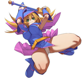 1girl bare_shoulders blonde_hair blue_boots blue_hat blush blush_stickers boots breasts commentary_request dark_magician_girl detached_sleeves duel_monster fu-ta green_eyes hat large_breasts long_hair looking_at_viewer pink_skirt skirt smile solo wand wizard_hat yu-gi-oh! yu-gi-oh!_duel_monsters