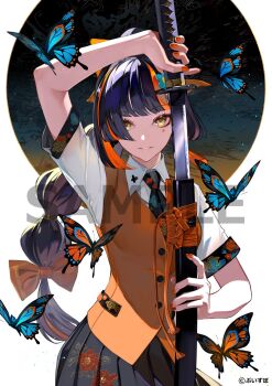1girl arm_up black_hair black_necktie black_skirt blue_butterfly blunt_bangs bow bug butterfly buttons choya_hanabi clothing_cutout collared_shirt commentary_request copyright_notice earrings eyelashes eyeliner facial_mark fingernails floral_print green_eyes hair_bow high_ponytail highres hip_vent holding holding_sheath holding_sword holding_weapon insect jewelry katana lam_(ramdayo) light_particles long_hair looking_at_viewer makeup multi-tied_hair multicolored_hair nail_polish necktie official_art orange_bow orange_butterfly orange_eyeliner orange_nails orange_streaks orange_vest parted_lips pleated_skirt ponytail print_necktie print_skirt sample_watermark seigaiha sheath shirt short_sleeves sidelocks single_earring skirt smile solo streaked_hair sword tassel tassel_earrings unsheathing vest virtual_youtuber vspo! watermark weapon white_background white_shirt wing_collar