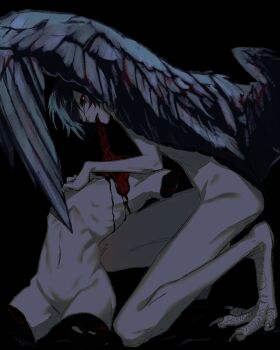 2boys animal_feet bird_legs black_background black_hair black_sclera black_wings cannibalism chino_(sky_tanosi) claws colored_sclera completely_nude corpse eating feathered_wings full_body glowing glowing_eyes guro harpy_boy highres looking_at_viewer male_focus monster_boy multiple_boys nude on_one_knee original red_eyes short_hair simple_background skinny wings