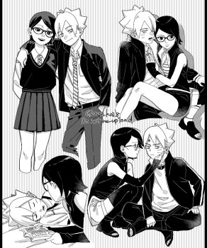 1boy 1girl arm_around_shoulder arm_behind_back book boruto:_naruto_next_generations bruise bruise_on_face commentary_request diagonal-striped_clothes diagonal-striped_necktie facial_mark frown glasses greyscale hand_in_pocket high-waist_skirt highres holding holding_book injury jacket lying miniskirt monochrome naruto_(series) necktie on_side onka_(aun_ka28) open-toe_shoes open_mouth pants pillarboxed school_uniform short_hair short_shorts shorts skirt sleeping smile squatting striped_clothes sweater_vest twitter_username uchiha_sarada uzumaki_naruto whisker_markings