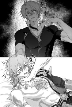 2boys absurdres antenna_hair arm_tattoo armlet armor black_coat black_shirt chest_tattoo coat commentary_request facial_tattoo greyscale highres honkai:_star_rail honkai_(series) jewelry male_focus medium_hair monochrome multiple_boys mydei_(honkai:_star_rail) neck_tattoo open_clothes open_coat pauldrons phainon_(honkai:_star_rail) shirt short_hair shoulder_armor single_pauldron strangling sun_symbol sun_tattoo tan tattoo yaoi yinbai