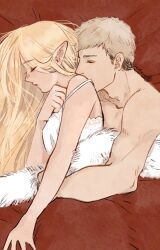 Rule 34 | 1boy, 1girl, blonde hair, closed eyes, commentary request, dated, dungeon meshi, elf, hetero, hug, hug from behind, laios touden, light brown hair, likezs, long hair, marcille donato, muscular, muscular male, nightgown, pointy ears, short hair, sleeping, topless male, under covers, very long hair, white nightgown