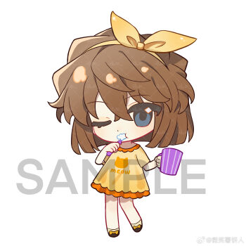 Rule 34 | 1girl, bisho imobing hito, blue eyes, bow hairband, brown hair, brushing teeth, chibi, chibi only, chinese commentary, commentary request, cup, dress, full body, haibara ai, hairband, highres, holding, holding cup, looking at viewer, meitantei conan, one eye closed, short hair, simple background, solo, toothbrush, toothbrush in mouth, white background, yellow dress, yellow hairband