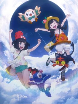Rule 34 | 2girls, arms up, bag, beanie, bird, black hair, cat, closed eyes, closed mouth, colored sclera, floral print, flower, gen 7 pokemon, green shorts, hat, hat flower, highres, litten, multiple girls, nintendo, open mouth, orange tank top, owl, pokemon, pokemon (creature), pokemon sm, pokemon usum, popplio, red hat, rowlet, sea lion, selene (pokemon), shirt, short hair, short sleeves, shorts, shoulder bag, smile, starter pokemon trio, tank top, teeth, tied shirt, topple33, twintails, upper teeth only, white shorts, wings, yellow sclera, yellow shirt