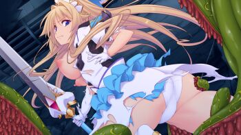 1girl ass blonde_hair blue_eyes braid breasts breasts_out dress dutch_angle erika_la_etienne floating_hair frills frown game_cg glaring gloves hair_intakes holding holding_sword holding_weapon imminent_rape kourin_tenshi_en_ciel_rena large_breasts large_variant_set long_hair looking_at_viewer looking_back magical_girl maid_headdress nipples non-web_source official_art panties puffy_nipples puffy_sleeves saitou_natsuki scowl short_sleeves skirt slime_(substance) solo suhamaya sword tentacles torn_clothes torn_dress underwear variant_set very_long_hair weapon white_dress white_gloves white_panties
