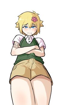 1boy absurdres basil_(faraway)_(omori) basil_(omori) blonde_hair blush covered_penis flower full_body hair_flower hair_ornament highres louveg25 omori shorts thighs trap vest