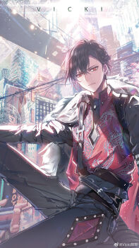 Rule 34 | 1boy, absurdres, architecture, arm on knee, arm support, artist name, ayn alwyn, ayn alwyn (awakening), belt, black belt, black coat, black hair, black pants, black shirt, bridge, building, cherry blossoms, chinese commentary, cityscape, closed mouth, coat, coat on shoulders, cowboy shot, diamond-shaped earrings, diamond (shape), dragon print, earrings, east asian architecture, expressionless, flower, fur-trimmed coat, fur trim, hair behind ear, hair between eyes, highres, jewelry, knee up, light particles, long sleeves, looking at viewer, lovebrush chronicles, male focus, on roof, pants, pink flower, power lines, red coat, red eyes, red vest, science fiction, shirt, short hair, sitting, skyscraper, solo, stud earrings, sun, tree, two-sided coat, two-sided fabric, vest, vicki yiyi, watermark, weibo watermark