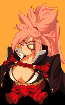 1girl absurdres arc_system_works baiken breasts cleavage closed_mouth eyepatch facial_tattoo female_focus guilty_gear guilty_gear_strive highres horikoshi_kouhei_(style) jacket jacket_on_shoulders japanese_clothes kimono large_breasts long_hair looking_at_viewer loopvoid pink_hair red_eyes scar scar_across_eye scar_on_face smile solo tattoo torn_clothes torn_kimono very_long_hair
