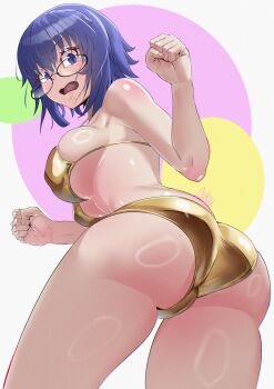 1girl absurdres artist_name ass bikini blue_eyes blue_hair breasts cameltoe ciel_(tsukihime) colorful_background commentary curvy english_commentary from_behind fukou glasses gold_bikini highres huge_ass large_breasts looking_back open_mouth shiny_skin short_hair solo swimsuit thighs thong thong_bikini tsukihime wide_hips