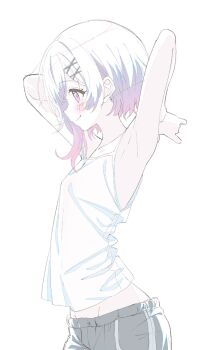 1girl armpits arms_behind_head arms_up blush camisole closed_mouth from_side gradient_hair hair_ornament hairclip highres mahou_shoujo_no_majo_saiban midriff_peek multicolored_hair papiyon1297 pink_eyes pink_hair profile purple_eyes purple_hair sakuraba_ema short_hair shorts simple_background smile solo stretching white_background white_camisole white_hair x_hair_ornament