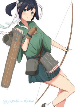 1girl apron blue_hair bow_(weapon) flight_deck gloves green_eyes green_hakama green_kimono green_skirt hair_ribbon hakama hakama_short_skirt hakama_skirt headband highres holding holding_bow_(weapon) holding_weapon japanese_clothes kantai_collection kimono looking_at_viewer one-hour_drawing_challenge partially_fingerless_gloves partly_fingerless_gloves quiver ribbon short_hair simple_background single_glove skirt solo souryuu_(kancolle) souryuu_kai_ni_(kancolle) twintails twitter_username weapon white_background white_ribbon yugake yuzuki_draw