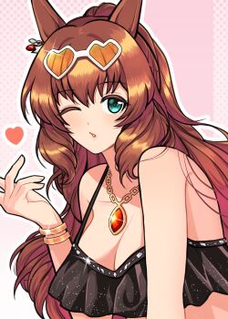 1girl absurdres animal_ears bare_shoulders bbreaad bikini black_bikini blue_eyes blush bracelet breasts brown-tinted_eyewear brown_hair cleavage ear_ornament eyewear_on_head green_eyes hair_between_eyes heart heart-shaped_eyewear highres horse_ears horse_girl jewelry large_breasts long_hair looking_at_viewer maruzensky_(hot_summer_night)_(umamusume) maruzensky_(umamusume) necklace official_alternate_costume one_eye_closed orange-tinted_eyewear parted_lips ponytail ruffle_bikini solo sunglasses swimsuit tinted_eyewear umamusume upper_body white-framed_eyewear