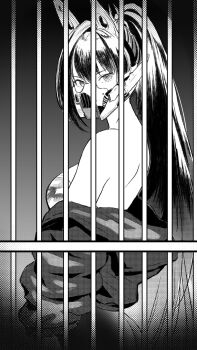 1girl bars black_mask goddess_of_victory:_nikke gradient_background greyscale highres in_cell iron_bars jacket mask monochrome mouth_mask prison prison_cell prisoner sin_(nikke) solo yatukian