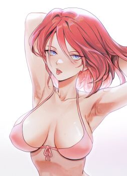 1girl absurdres armpits arms_behind_head bikini blue_eyes breasts breasts_apart commentary duc_94 english_commentary front-tie_bikini_top front-tie_top hair_between_eyes highres large_breasts looking_at_viewer medium_hair nose open_mouth original pink_bikini red_hair simple_background solo swimsuit tongue tongue_out upper_body white_background