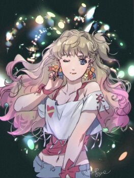 1girl bare_shoulders blonde_hair blue_eyes collarbone crop_top earrings hand_up jewelry kikuya_megane lipstick long_hair macross macross_frontier makeup midriff_peek navel one_eye_closed pink_hair red_lips ribbon sheryl_nome single_earring smile solo