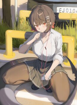 1girl absurdres black_hair black_pantyhose black_skirt breasts cellphone cleavage colored_inner_hair crunchy_(namtaehyeon1234) earphones ellen_joe ellen_joe_(on_campus) fins fish_tail food_in_mouth highres holding holding_phone large_breasts looking_at_viewer mole mole_under_eye multicolored_hair pantyhose phone red_hair revision shark_girl shark_tail shirt short_hair single_earphone_removed skirt smartphone solo squatting tail white_shirt zenless_zone_zero