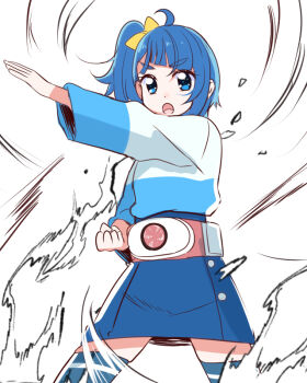 1girl aura blue_eyes blue_hair blue_shirt blue_skirt bow casual clenched_hand commentary cowboy_shot cut_bangs fighting_stance frown hair_bow hirogaru_sky!_precure kamen_rider long_sleeves medium_hair miniskirt mitumi_mira open_mouth precure rider_belt shirt side_ponytail single_sidelock skirt solo sora_harewataru standing t-shirt thighhighs two-tone_shirt white_background white_shirt yellow_bow