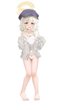 1girl absurdres aoba_(blue_archive) bare_legs barefoot bilingual_commentary black_hat blonde_hair blue_archive blush breasts camisole chinese_commentary collarbone commentary_request feet full_body furrowed_brow grey_shirt halo hat highres kensiejan knees_together_feet_apart legs long_hair looking_at_viewer low_twintails mixed-language_commentary newsboy_cap open_clothes open_mouth open_shirt panties partially_unbuttoned red_eyes shirt simple_background sleeves_past_wrists small_breasts solo standing sweatdrop tearing_up toenails toes twintails underwear wavy_mouth white_background white_camisole white_panties yellow_halo