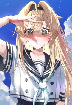 1girl @_@ absurdres black_hairband black_sailor_collar black_skirt blonde_hair blue_eyes blue_neckerchief blue_sky blush buttons commentary_request double-breasted embarrassed full-face_blush hairband high-waist_skirt highres hololive hot kazama_iroha kazama_iroha_(school_uniform) long_hair looking_at_viewer neckerchief official_alternate_costume official_alternate_hair_length official_alternate_hairstyle ru_airasuto sailor_collar shading_eyes shirt skirt sky solo sweat very_sweaty virtual_youtuber white_shirt