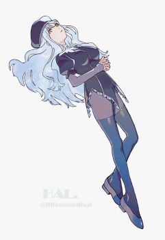 1girl beret black_pantyhose breasts caren_hortensia fate/hollow_ataraxia fate/stay_night fate_(series) hal_(haaaalhal) hat highres layered_sleeves long_hair long_sleeves medium_breasts no_pants pantyhose puffy_sleeves signature solo thighhighs thighhighs_over_pantyhose thighs twitter_username type-moon wavy_hair white_background white_hair yellow_eyes