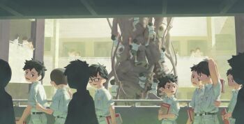 6+boys absurdres belt black_hair book child chinese_commentary climbing collared_shirt commentary_request courtyard glasses highres holding holding_book horror_(theme) mayozom monster multiple_boys open_mouth original pointing pulling_another's_clothes railing school school_uniform shirt shirt_tucked_in short_hair short_sleeves shorts walking white_shirt